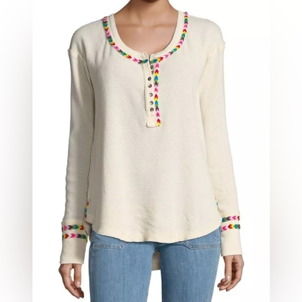 Free People We The Free Thermal Henley Top Size S Cream Long Sleeve Embroidered